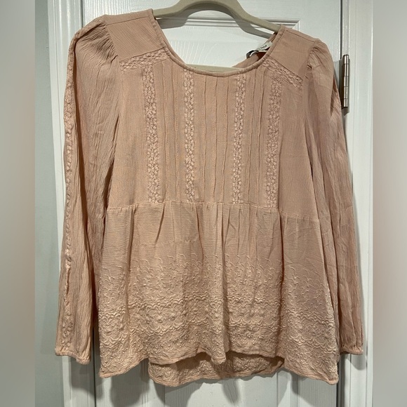 American Eagle Pale Pink Open Tie Plunge Back Embroidered Peasant Top Size S - Picture 1 of 11